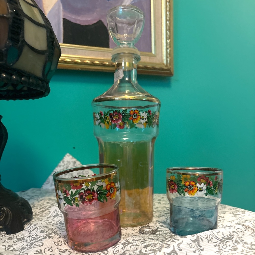 Antique Victorian Floral Glass Decanter Set Bedside Water Barware